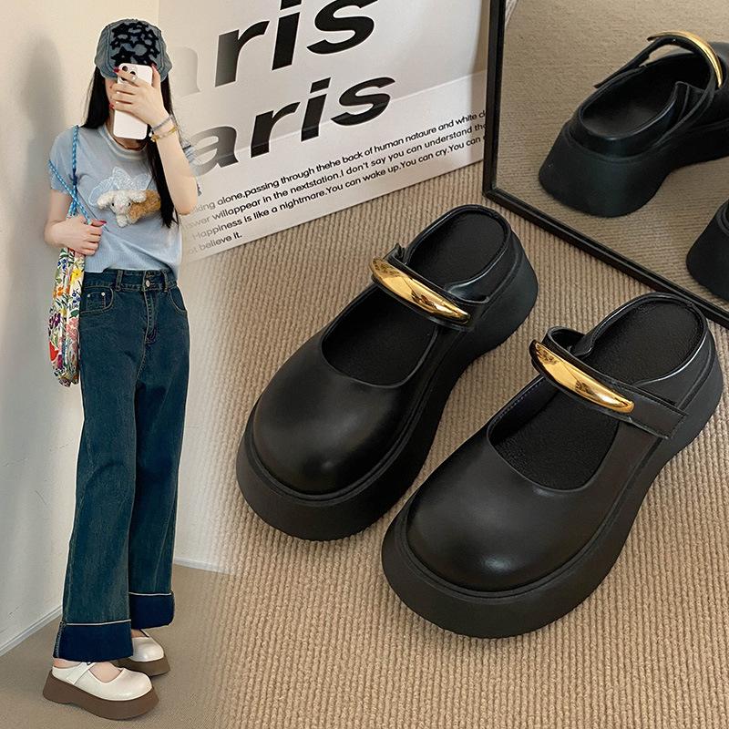 

Big-headed muffin thick-soled Mary Jane Birkenstocks women s metal one-word with shallow mouth heightening loafers 40 чорний