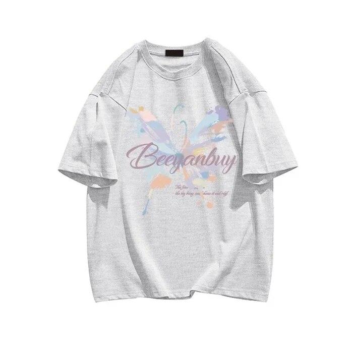 Sommer Uformelle y2k topper T-skjorter harajuku overdimensjonert sommerfugltrykk i ren bomull T-skjorte Grafisk Dame T-skjorter Hipster kawaii klær