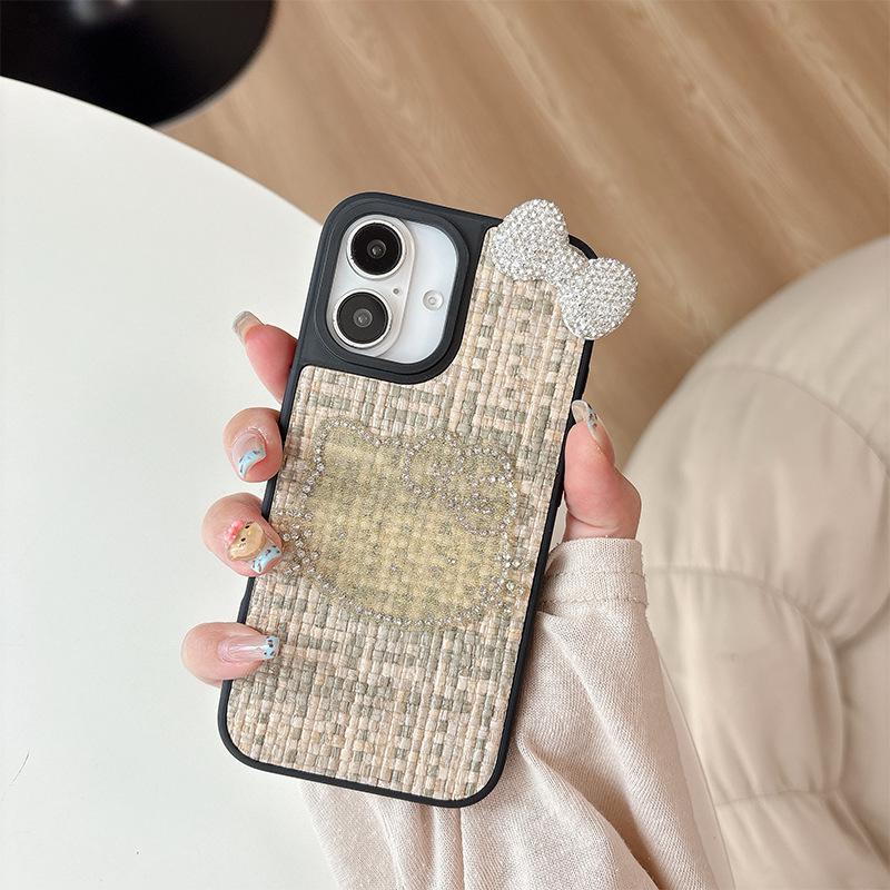 Rhinestone Kt Cat Mobile Phone Case Is Suitable For Apple 17 Leather Pattern Iphone16Promax Bow Tie 15 Women'S Anti-Drop.