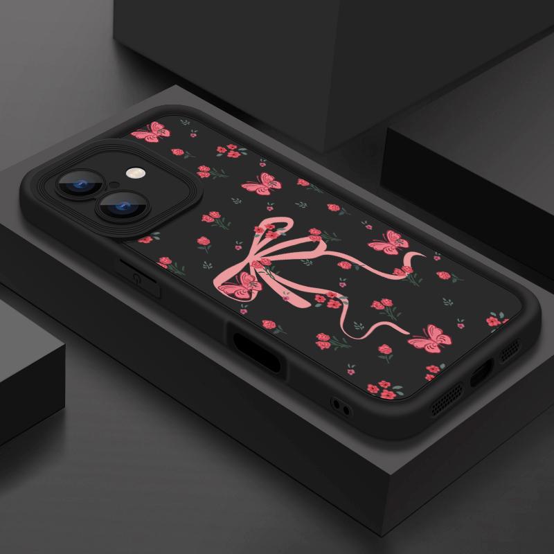 Carcasă Mată TPU cu Imprimeu Floral și Fundă pentru iPhone 16 Pro Max 15 Pro 14 13 12 11 XS XR Protecție Obiectiv Rezistent la Șocuri Husă Moale Silicon Telefon