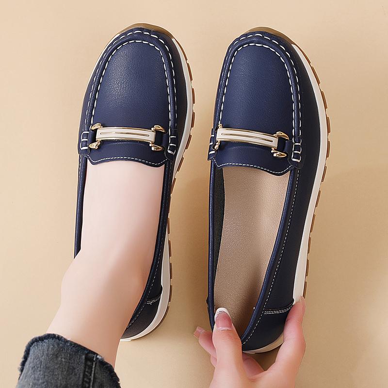 Pacecraft Shoes Women's Cowhide Loafers with Metal Buckle, Comfortable Casual Flat Shoes