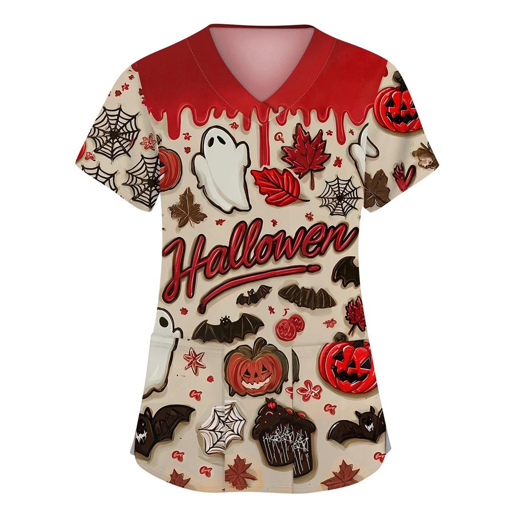 Damenmode V-Ausschnitt Kurzarm Arbeitskleidung mit Taschen Halloween bedruckte Tops