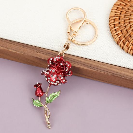 Keychain Pendant Rose Flower Shape Key Holder with Multicolor Rhinestones Anti-Oxidation Lobster Clasp Keyring Backpacks Car Accessory