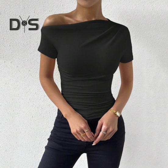 Damen Sommer T-Shirt Schrägkragen Kurzarm Slim Fit T-Shirt Einfarbig Seitlich Raffen Pullover Tops