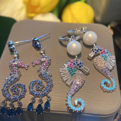 925 Silver Needle Fashion Earrings Colorful Seahorse Shape Imitation Pearl Earrings for Women Anniversary Gift Jewelry for Girls