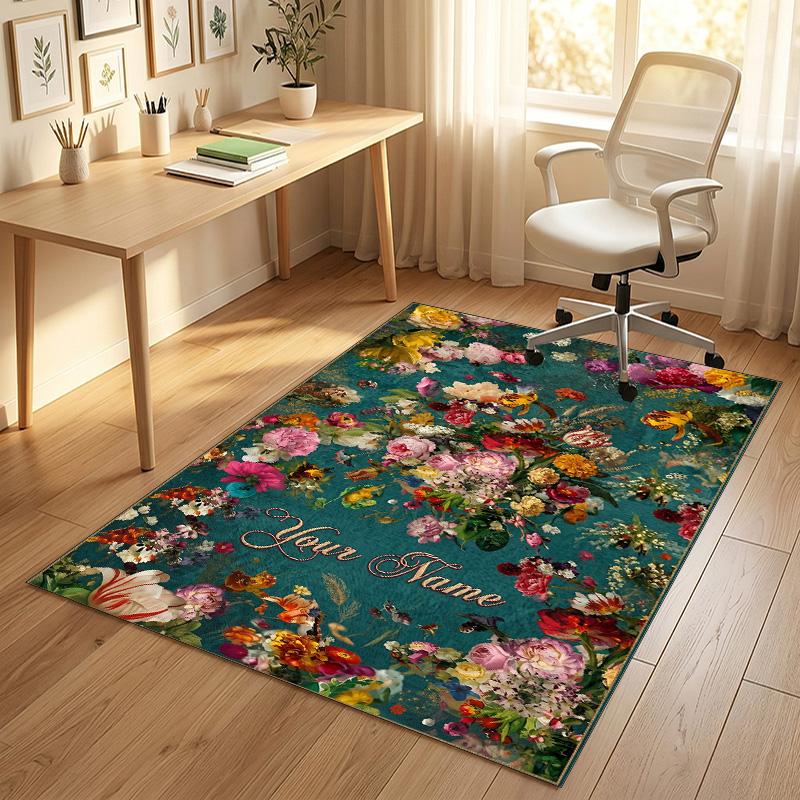 Floral Garden Theme Crystal Velvet Rug Personalized Custom Name Text Soft Floor Mat Home Decor