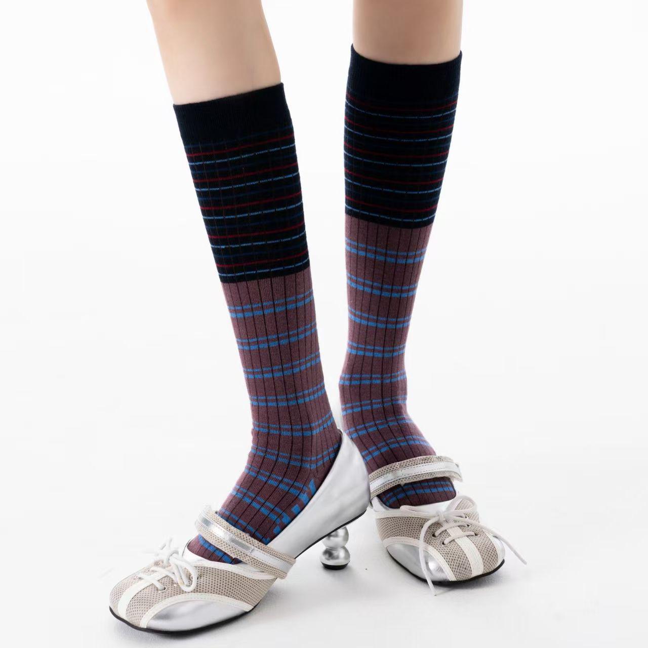 Retro Colorblock Streifen Kniehohe Slouch-Socken für Damen - Frühling/Sommer Mode black