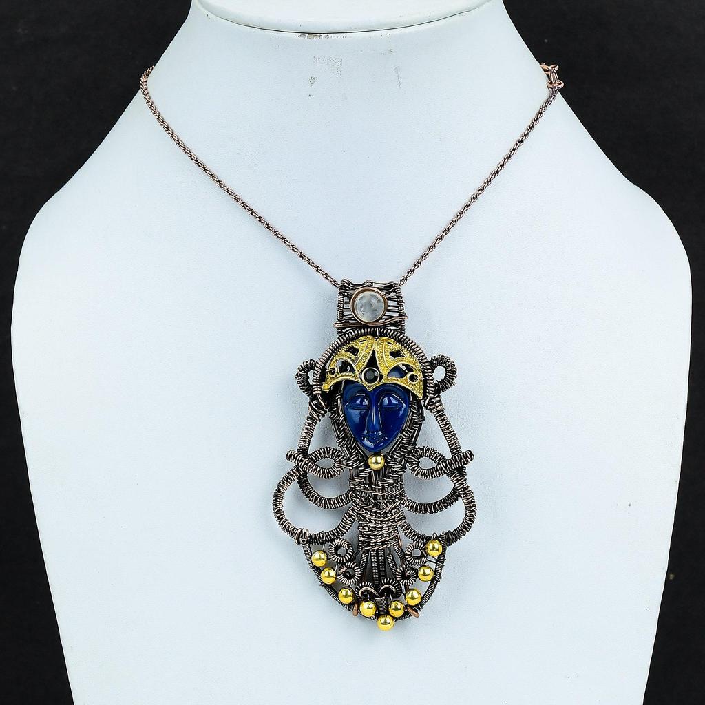 Carved Blue Face & Moonstone Jewelry, 999 Copper Wire Wrapped Pendant Handmade Gemstone Jewelry, Gifts For Wife Brand New Pendant