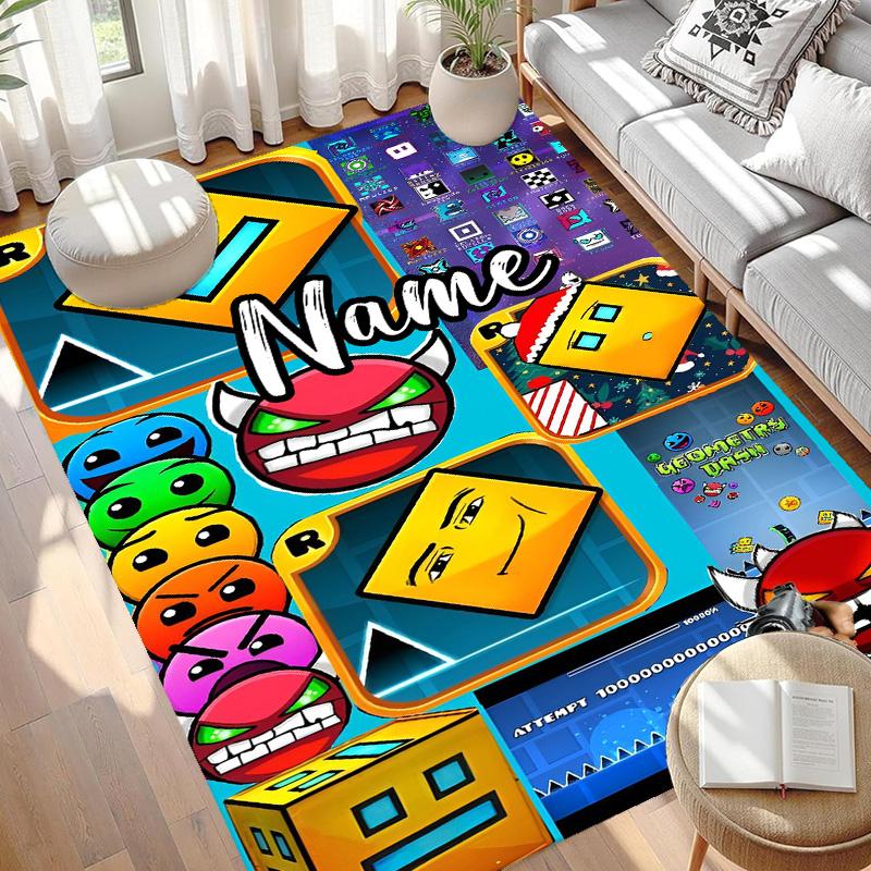 Custom Name Personalized Geometry Dash Print Carpet, Versatile Home Decor Rug, for Playroom, Apartment, Balcony, Entryway, Hallway Gift
