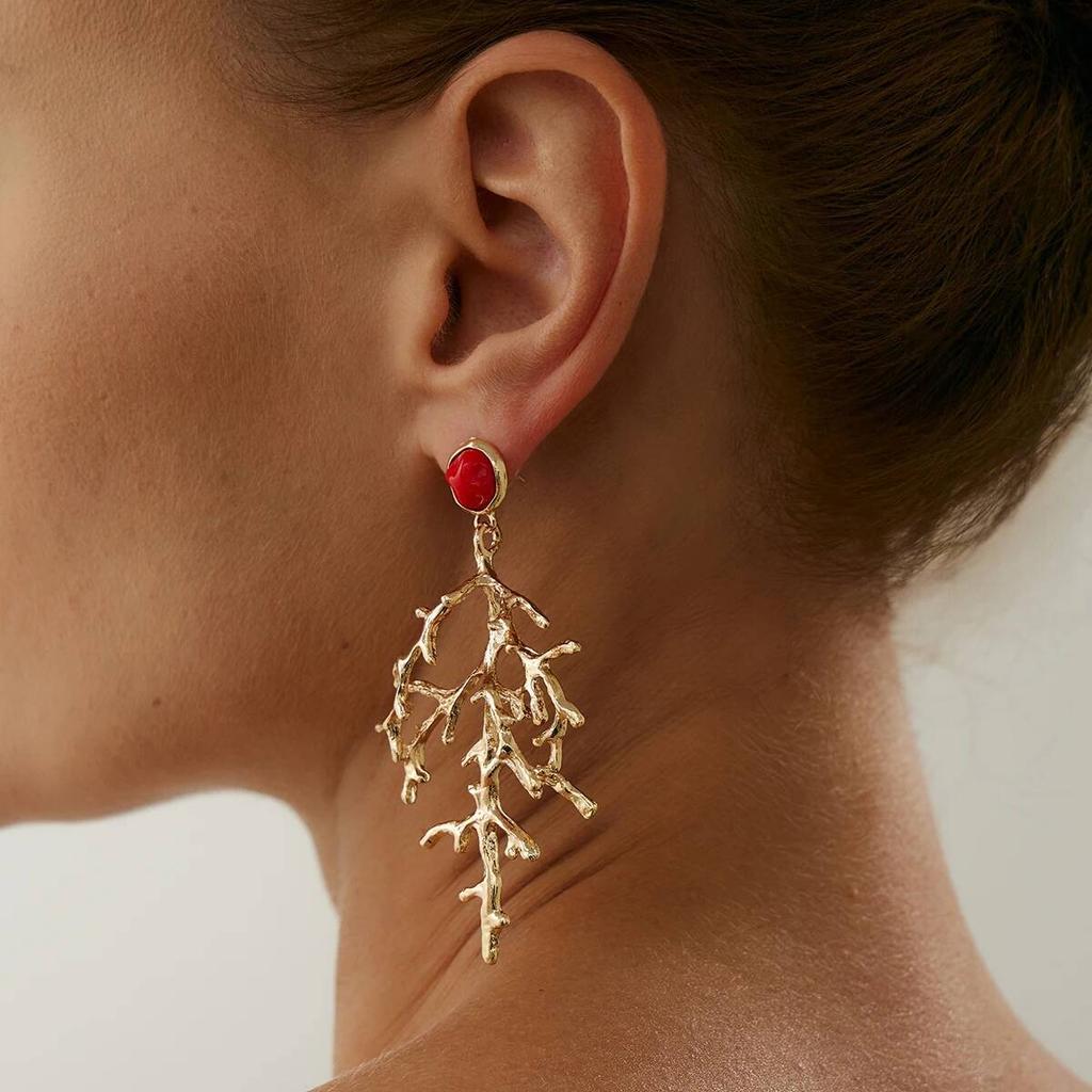 SHIXIN Retro Coral Pendant Earrings for Women Creative Geometric Tree Drop Earrings Fashion Jewelry Gifts Ear Accessories