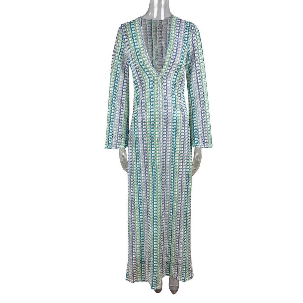 Crochet Colorful Stripe Maxi Dress Women Flare Sleeve V-neck High Split Sexy Long Dresses Beach Banquet Vestidos