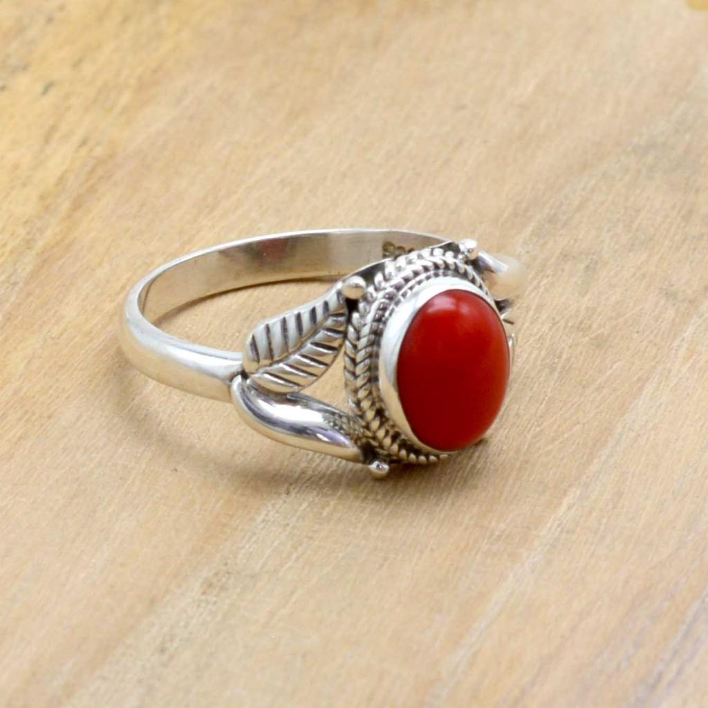 Red Coral 925 Sterling Silver Ring, Birthstone Handmade Leaf Ring, Gift For Her, Anniversary Gift Ring
