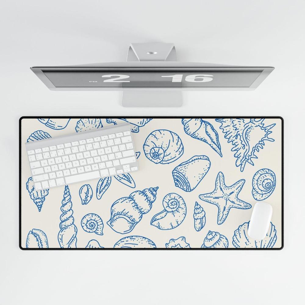 Coastal Seashell Desk Mat Blue Line Art Mouse Pad Nautical Desk Pad Ocean Shell Alfombrillas Para Escritorio Tapis De Souris