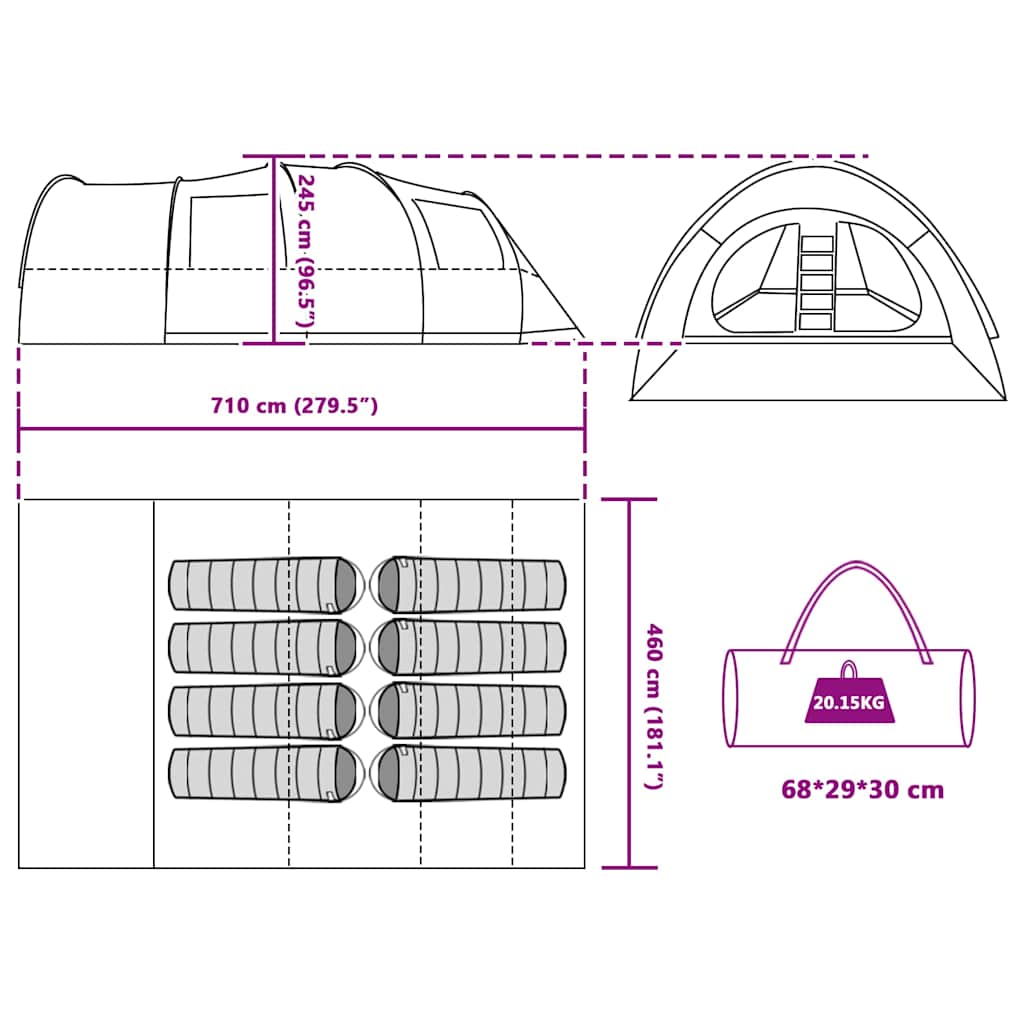 8 Person Tunnel Tent with Roof Green 710 x 460 x 245 cm
