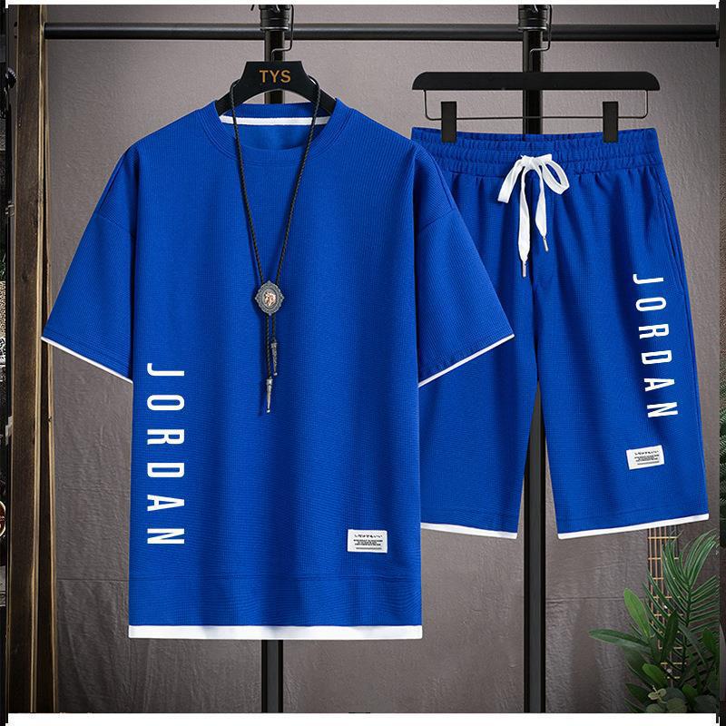 Stylish casual T-shirt + Shorts set Men's sports set Loose comfortable low Run 2025 men's summer Waffle suit