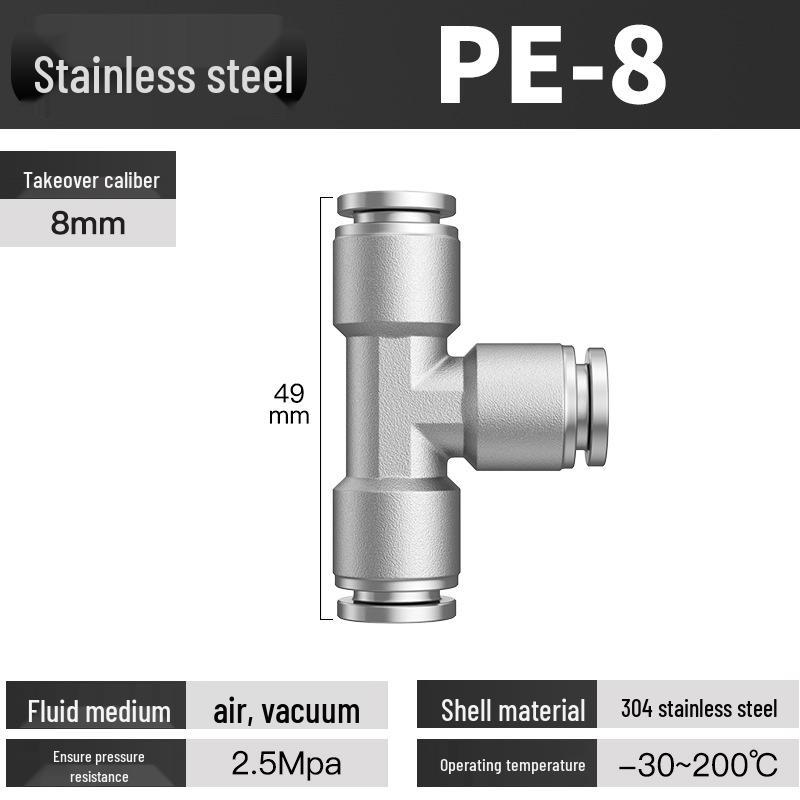 304 Stainless Steel T-Type Quick Connect Air Hose Reducer, Three-Way Pneumatic Fitting for PE4/6/8/10