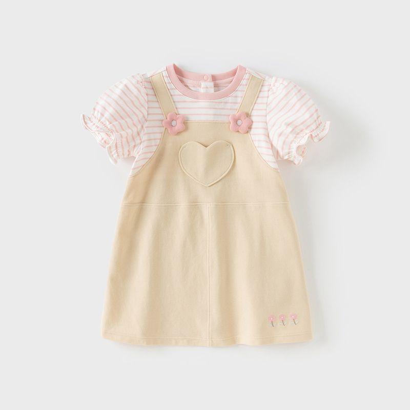 David Bella Girls  Dress Children s Two-Piece Style Dress 2026 Summer New Baby Puff Sleeve Children s Clothing Pink and White Stripes [Ready in Stock] 100