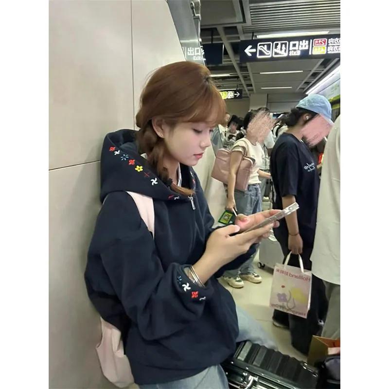 American Retro Trendy Brand Embroidered Hooded Sweatshirt for Women Spring and Autumn New Style Loose High-end Zipper Jacket M