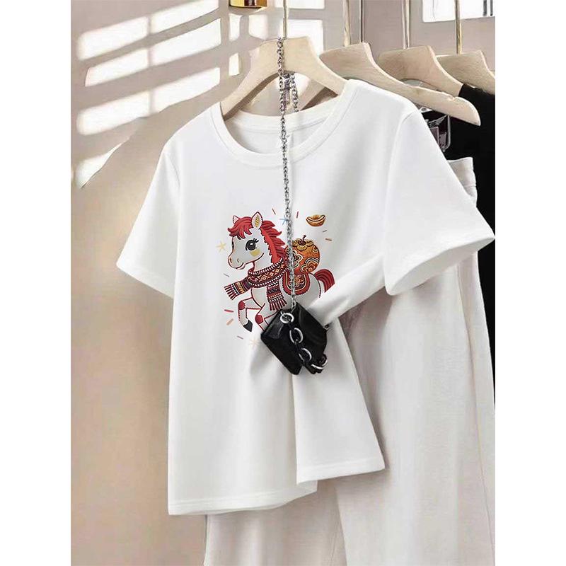 Crimson Year of the Rat Lucky Color Women's Thickened Round Neck Short Sleeve T-Shirt for Spring and Autumn