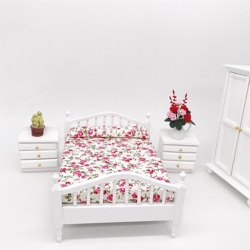 1:12 Mini Dollhouse Furniture Fresh Rose Bedroom Linen Double Bed Bedroom Mini Furniture