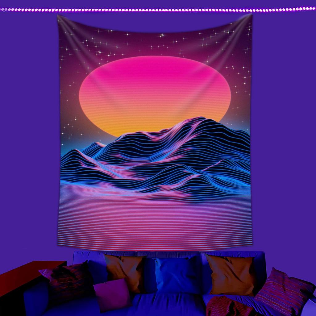 Blacklight Mushroom Skull Tapestry UV Reactive Trippy Wall Hanging Peach Skin 2D Print Psychedelic Bedroom Dorm Decor
