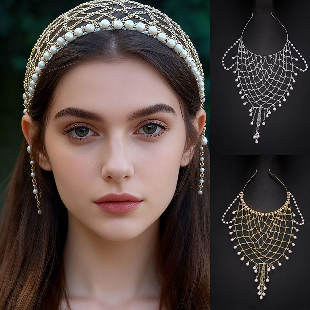 Layered Pearl Hair Chain Draped Chain Mesh Headpiece Boho Beaded Tassel Hair Net  Women