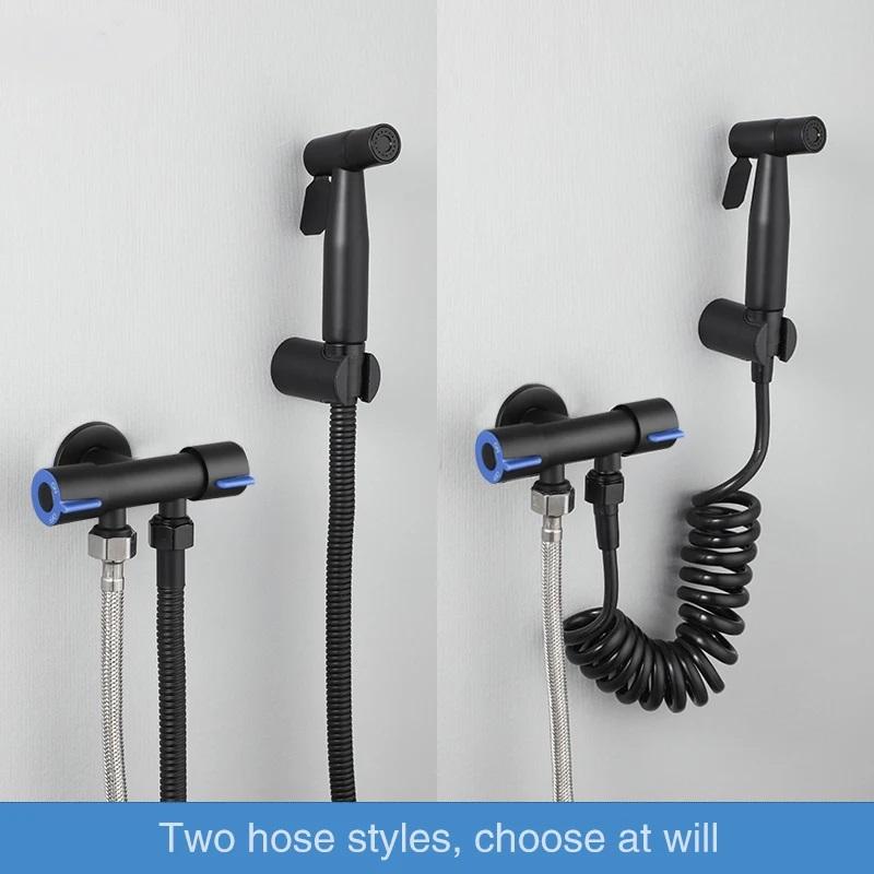 Brass Material Bidet Faucet Black Portable Bidet Sprayer Set Single Cold Water Shower Head One In Two Out Angle Valve