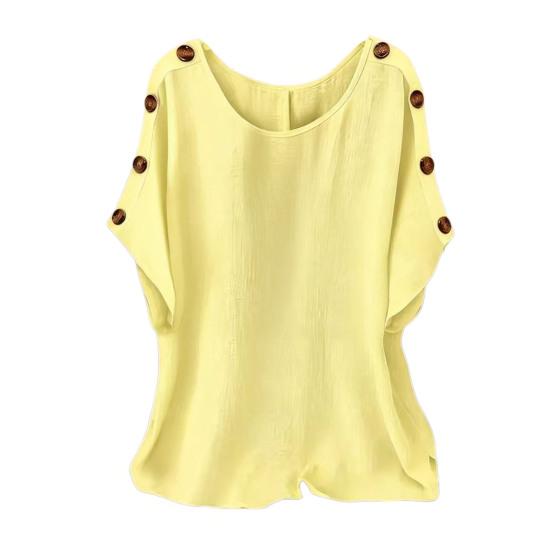 Women Tops Round Neck Batwing Short Sleeve Buttons Decor Tee Shirt Loose S жёлтый