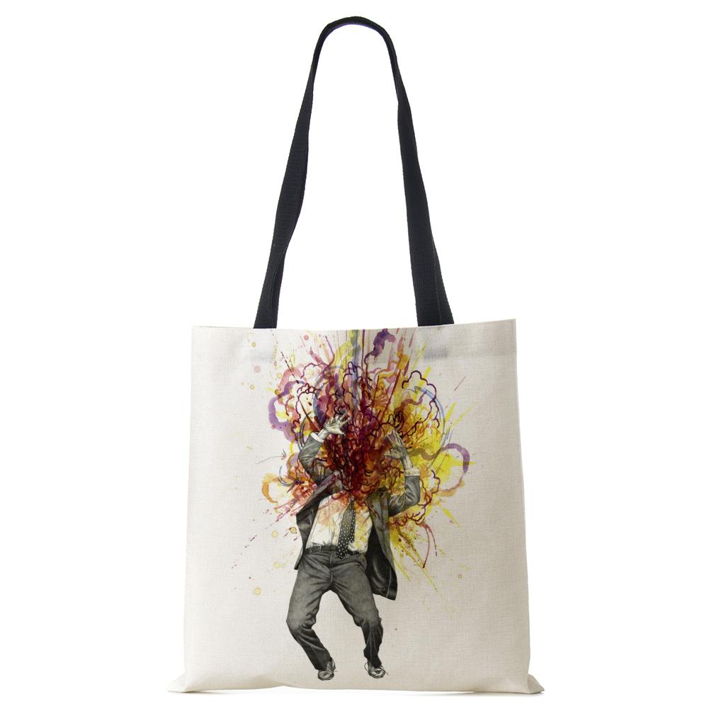 Painted Canvas Tote Shoulder Bag Women Cute Print Harajuku Casual Shopping Handbag Reusable Large Capacity Beach Bag