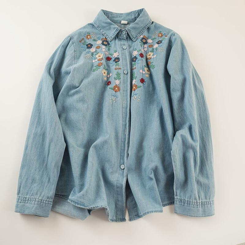 Women's Retro Cartoon Embroidered Cotton Denim Shirt - Long Sleeve, Casual Top for Spring/Autumn 2025