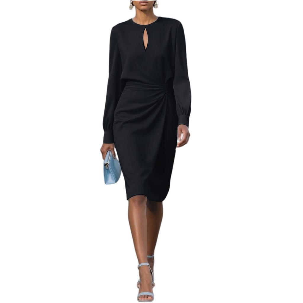 Elegantes einfarbiges Faltenkleid für Damen mit taillierter Taille, Rundhalsausschnitt und Cut-out