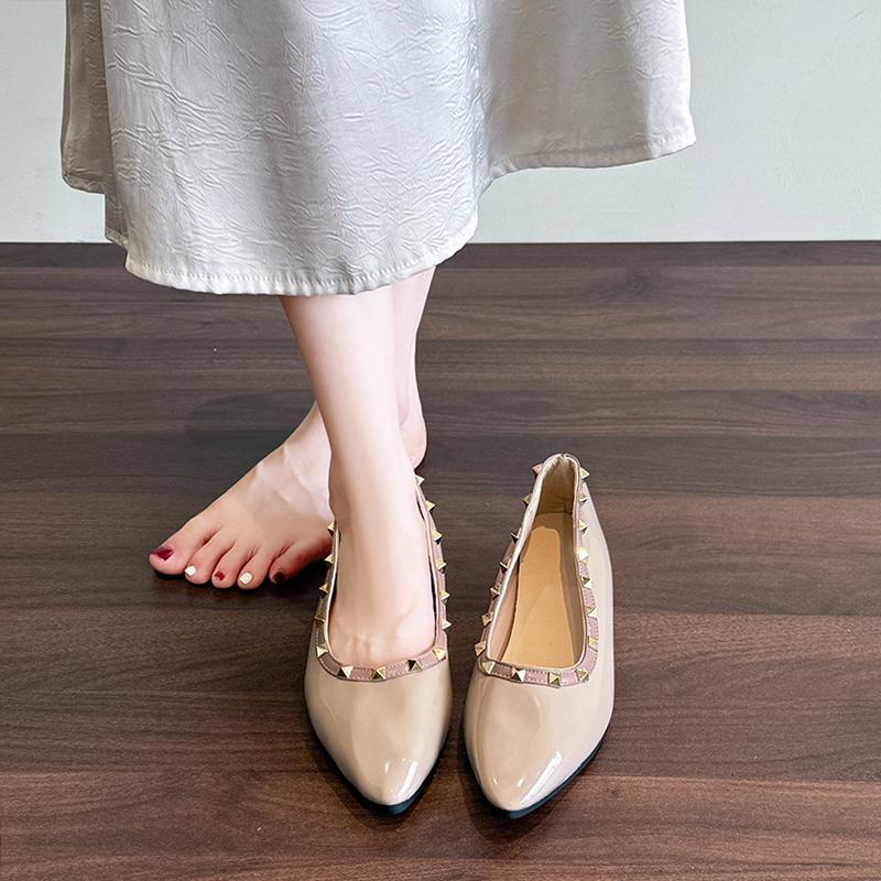 Fashion Heightened Inside 5 Cm Rivet Light Mouth Nude Pointed Toe Soft Patent Leather French Style Single Shoes for Women