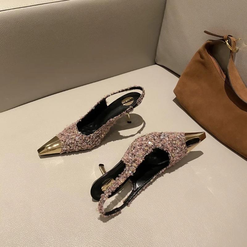 Sandali con Tacco Alto Slip-on Lusso Fiabesco Punta Metallica Appuntita Cinturino Posteriore Slingback Scarpe da Sera per Festa