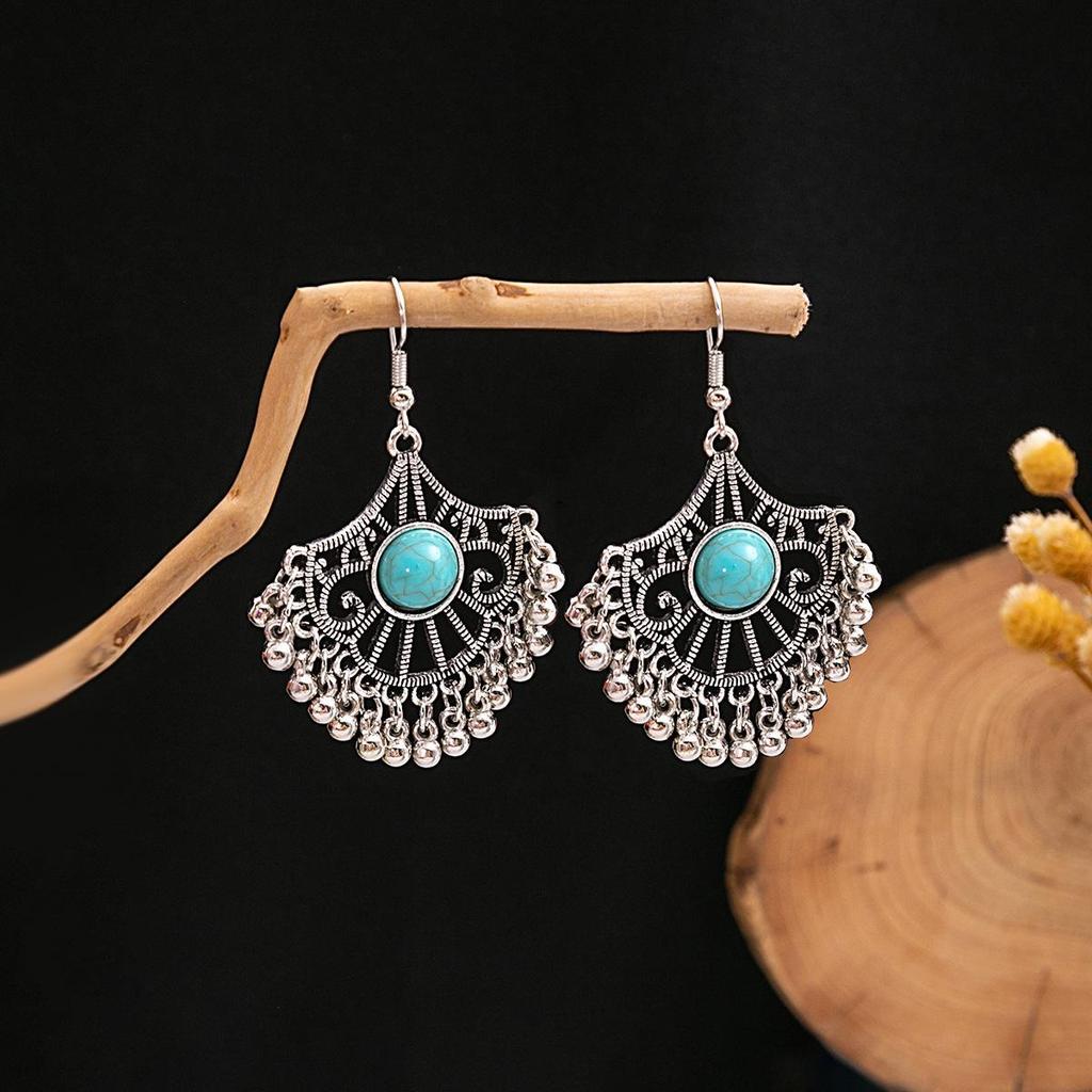 Retro Ethnic Turquoise Earrings: Blue Hollow Flower, Tassel, Owl, and Water Drop Designs