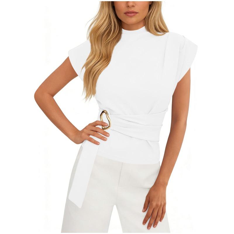 Summer New Style Fashionable Simple Half Turtleneck Short-sleeved T-shirt with Waist Design for Women's Tops