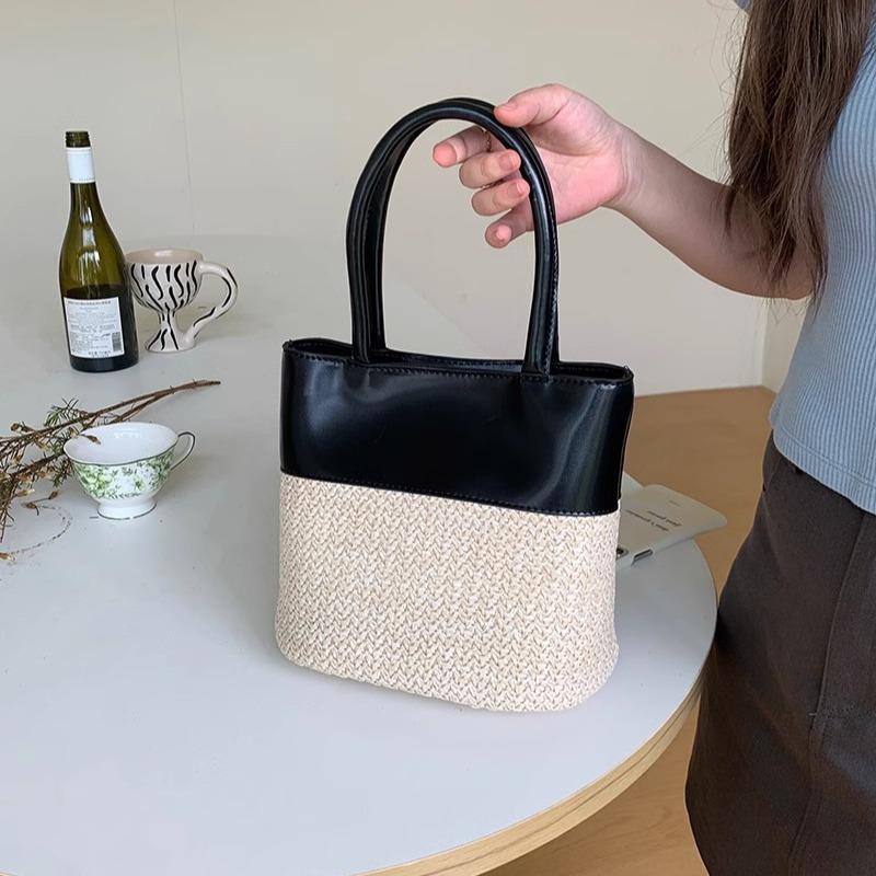 Women's Handbags Fashion Straw Patchwork Leather Top Handle Bags Summer Large Capacity Tote Bags Casual Beach Crossbody Bags