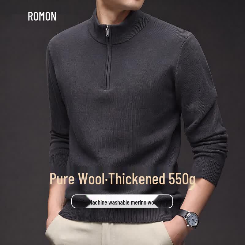 ROMON Men's Thickened Pure Wool Semi-High Collar Sweater