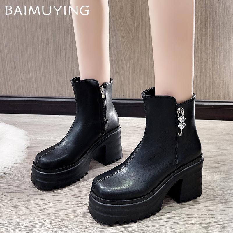 Platform Women Ankle Boots Crystal Leather High Heels Fad Shoes Designer Motorcycle Boots 2025 Trend Chunky Pumps Botas Mujer