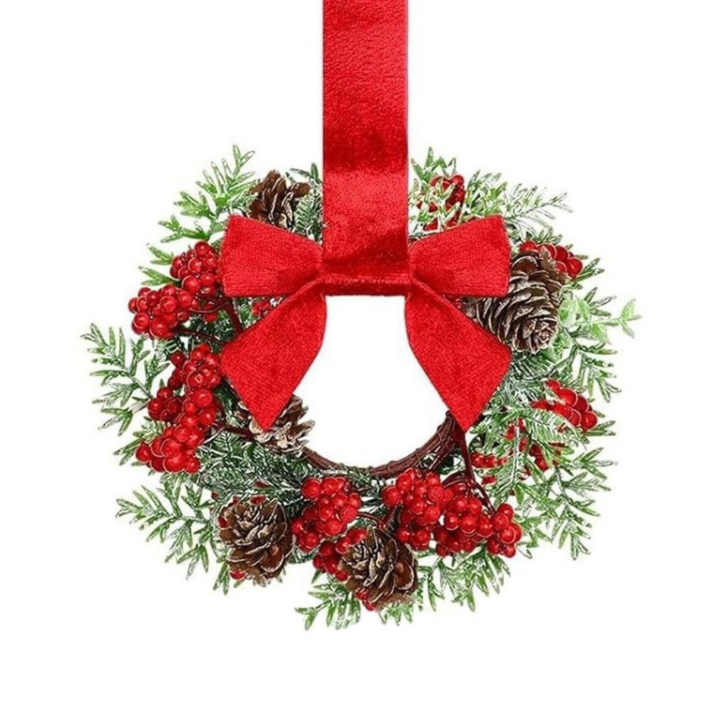 Artificial Christmas Wreath for Front Door Winter Greenery Wreath with Red Berries and Velvet Bow for Holiday New Year Decor