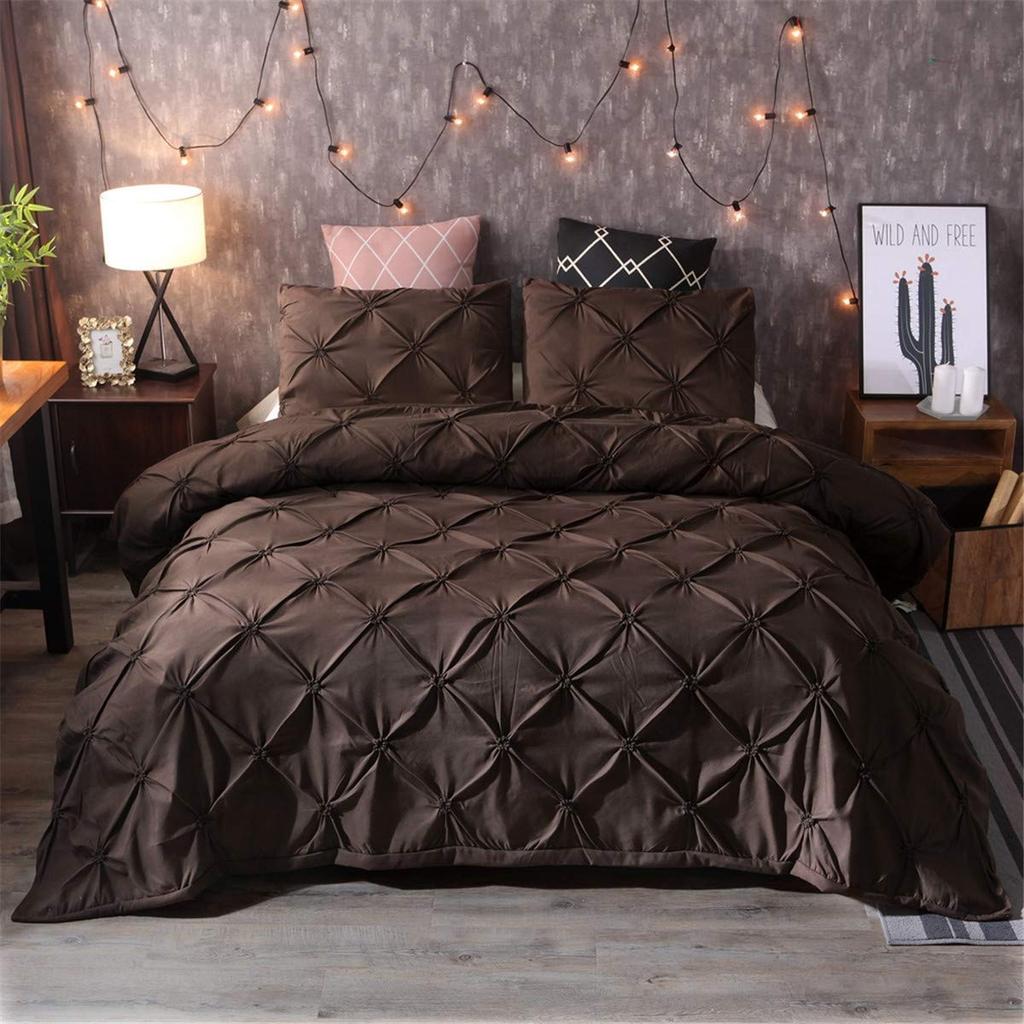 Feelyou Raffung Bettbezug Set King Size Lila Pinch Pleat Bettbezug Tuft-Design Bettwäsche Set Reißverschluss Weiches Polyester Bettdeckenbezug mit