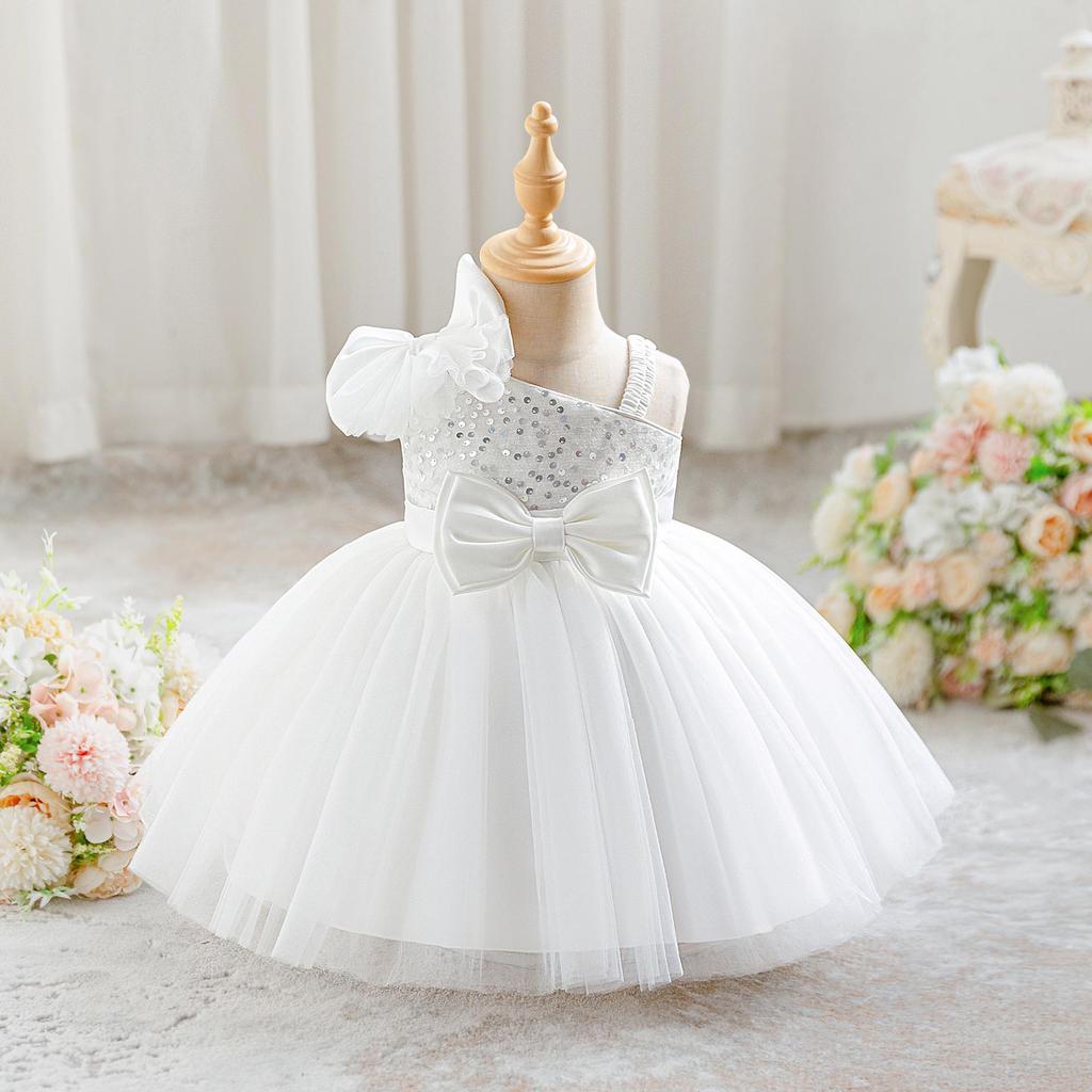 Girls' Sequin Princess Dress with Bow and Single Shoulder Strap - Puff Mesh Skirt for First Birthday