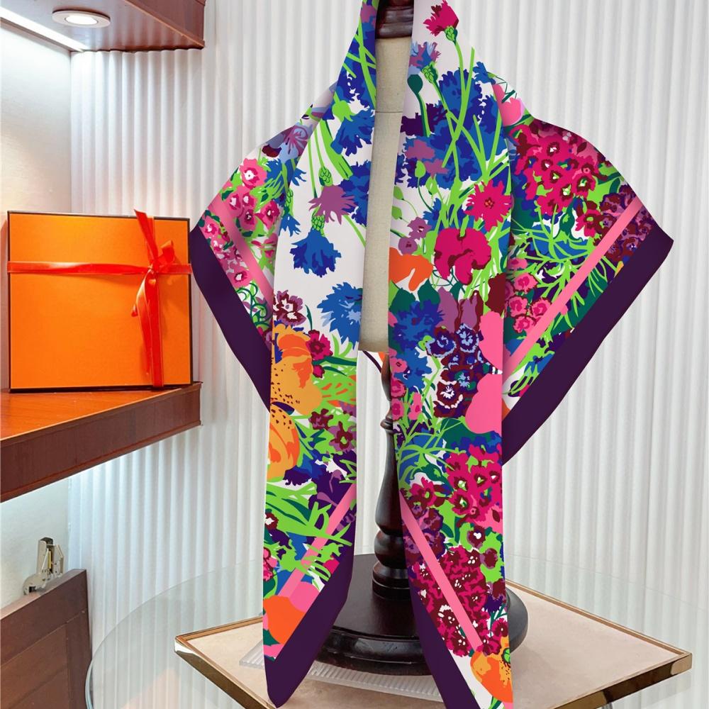 POBING Silk Scarf Women Flowers Print Square Scarves Head Echarpes Silk Foulards Femme Wraps Beach Shawl Bandana Lady Hijabs