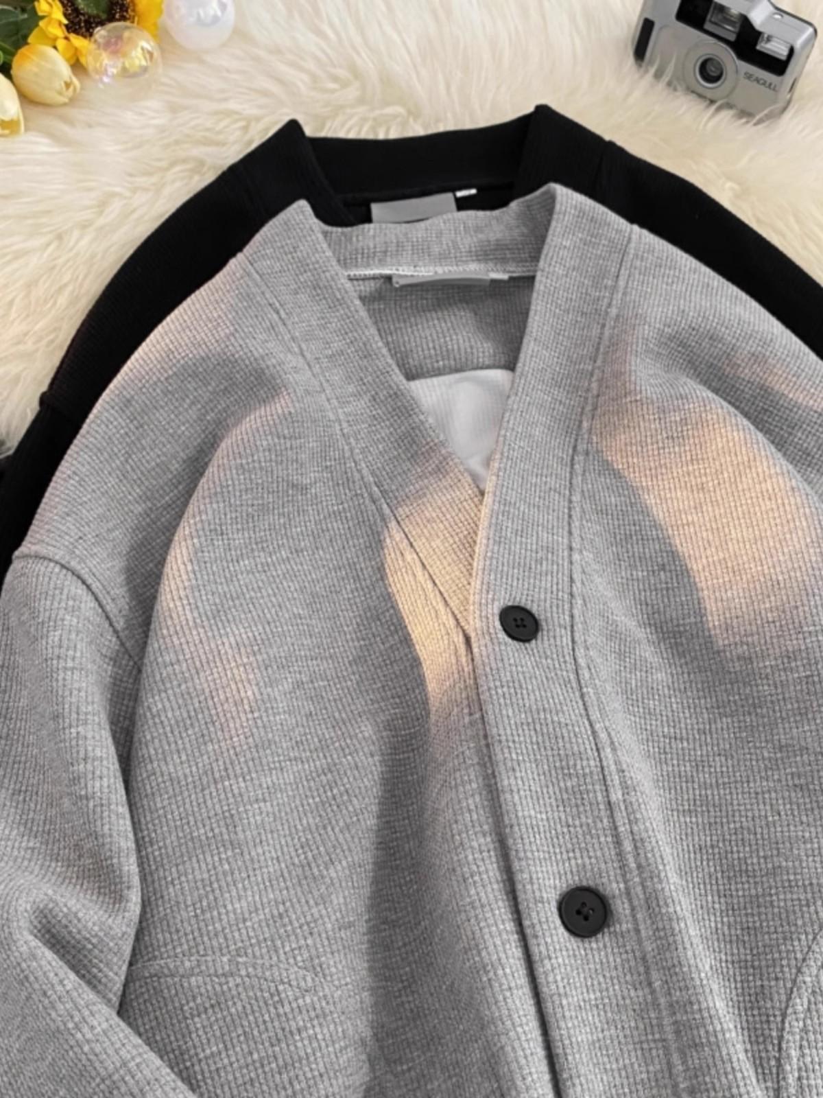American Heavy Ruffian Handsome Loose Jacket Waffle V-neck Sweater Men s Retro M серый