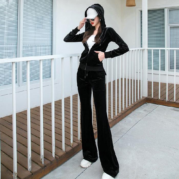 Golden Velvet Women's Casual Sports Suit: Autumn Petite Fashion Sweatshirt & Flared Pants Two-Piece Set