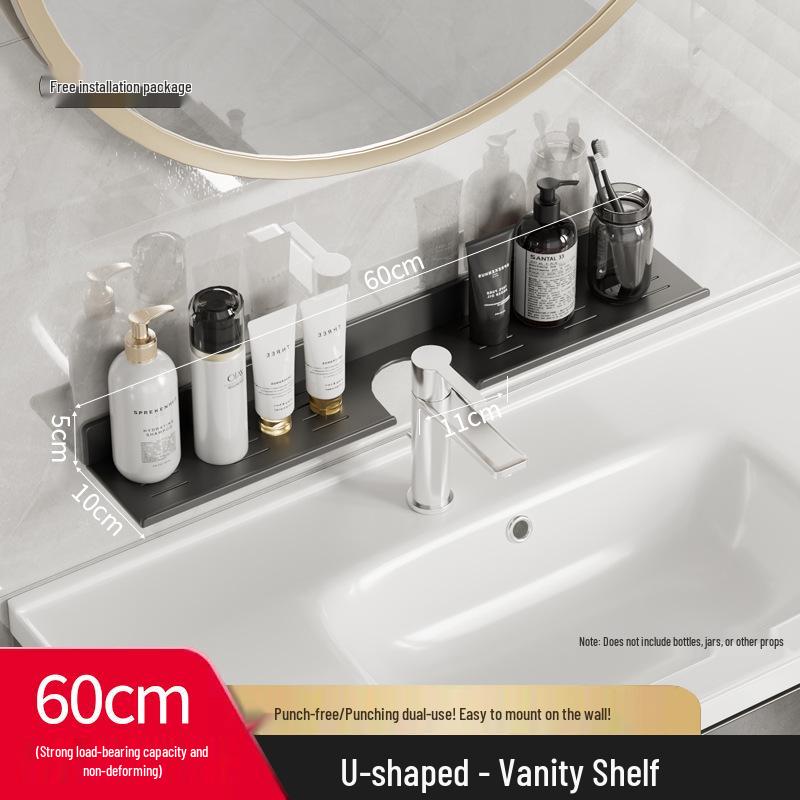 Wall-Mounted No-Drill Bathroom Vanity Shelf with Space for Faucet and Mirror