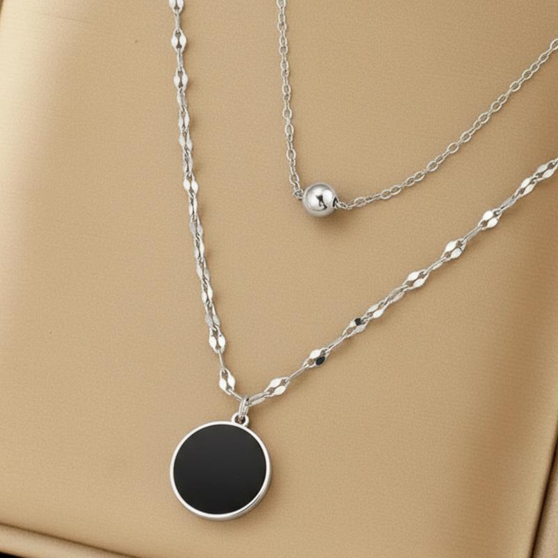 

Stainless Steel Black Round Pendant Necklace for Women Minimalist Gold Color Beaded Double Layered Clavicle Chain Gothic Zircon медный