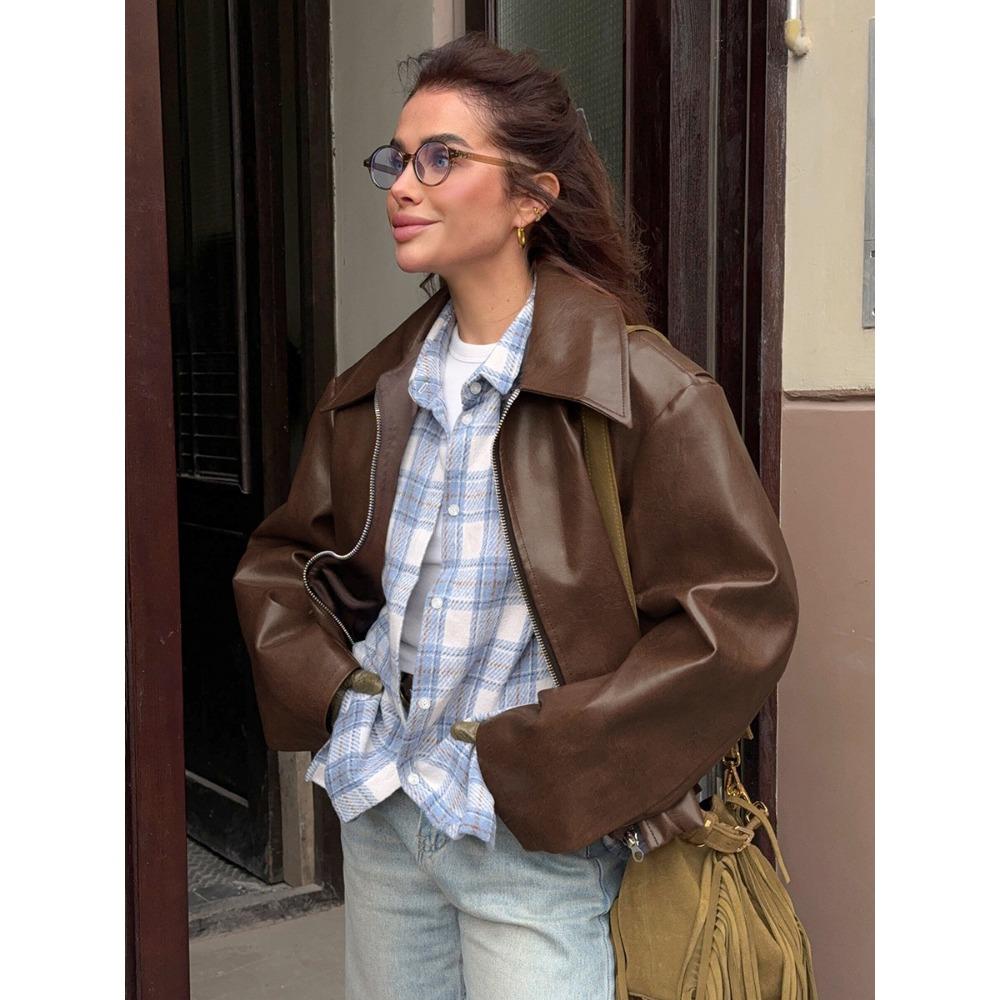 Wine Red Faux Leather Jakcet Fashion Outerwear Thicken Zipper Lapel Pu Coats Autumn Winter Streetwear Ladies Tops Women