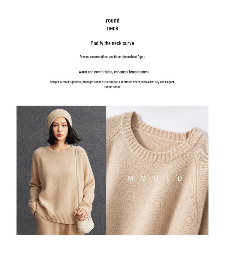 Women's Cashmere Raglan Sleeve Sweater - Winter 2026 New Arrival, Round Neck, Gentle Style, Loose Fit, Slimming Warm Base Layer.