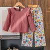 Girls' Casual Set, Autumn Children's Fashion Printed Long Pants, Shoulder Lace Long-sleeved Top