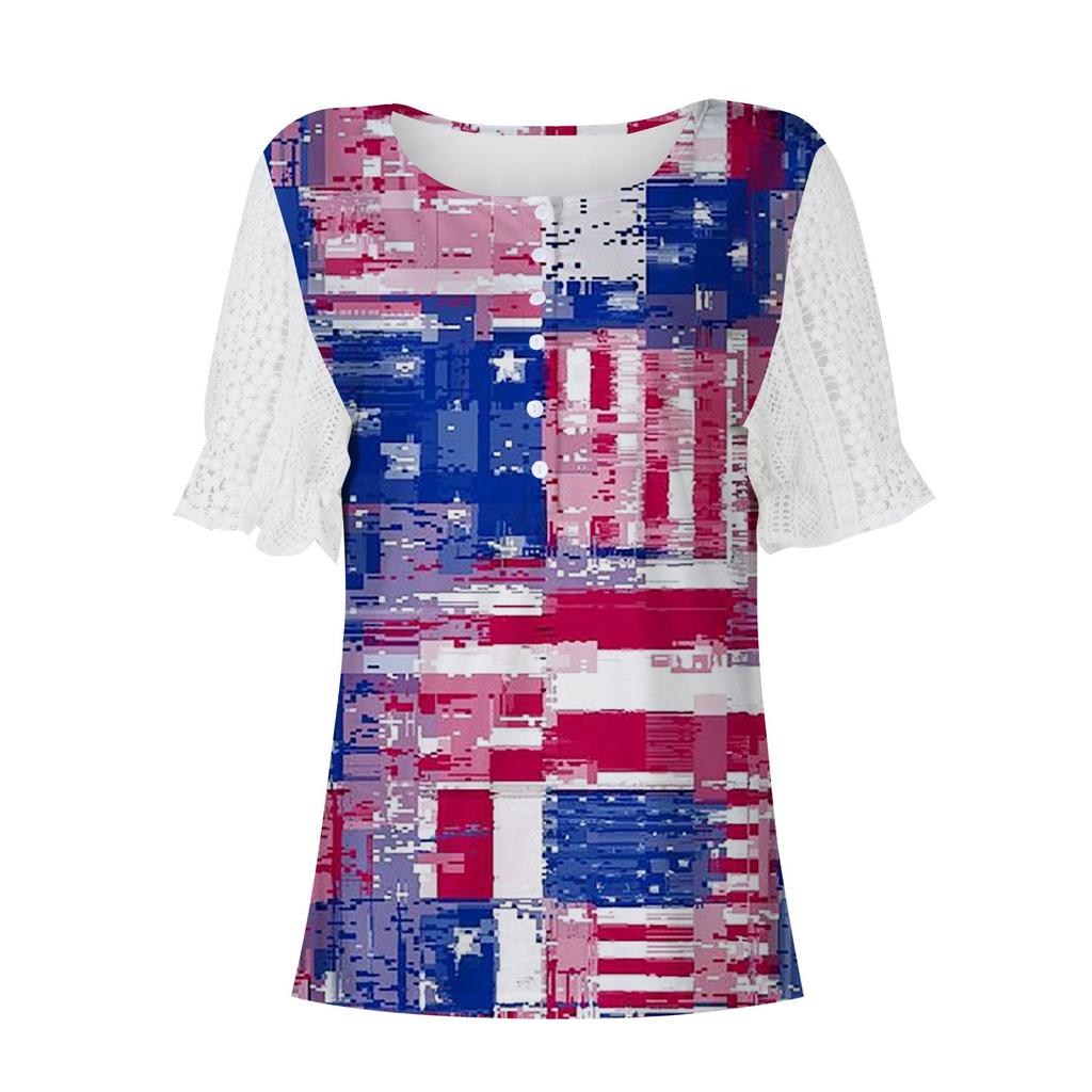 Women Outfits Summer Casual Beach Cover Up Loose Vintage Independence Day Print Chiffon Short Shirt Hide Belly Tunic Tops